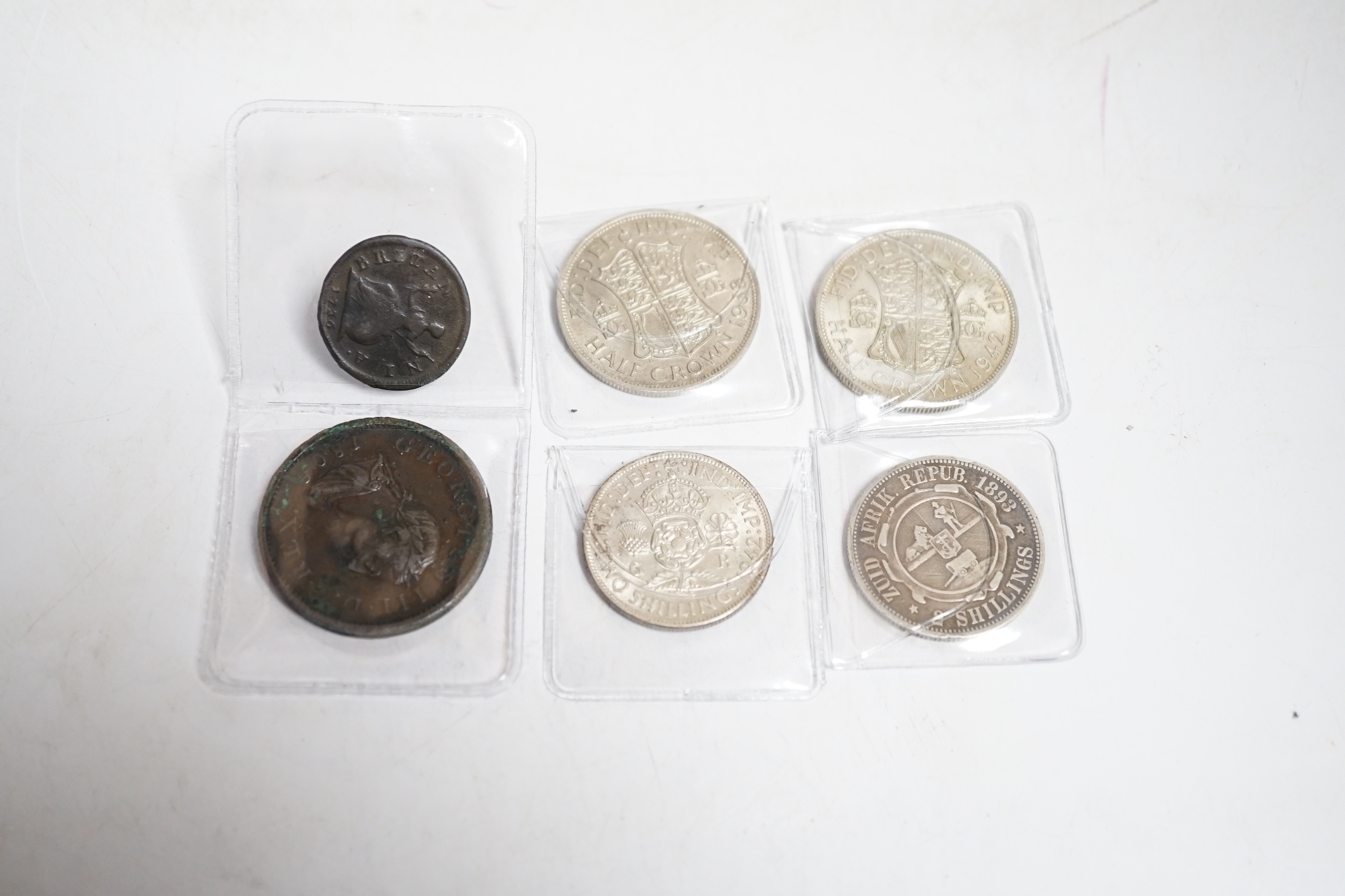 UK coins, 1938 and 1942 half crowns, 1736 farthing, 1806 penny, 1942 and a ZuidAfrica 2 shillings